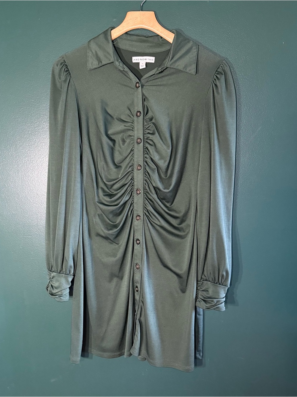 And Now This Forest Green Ruched Button-Front Long Sleeve Dress